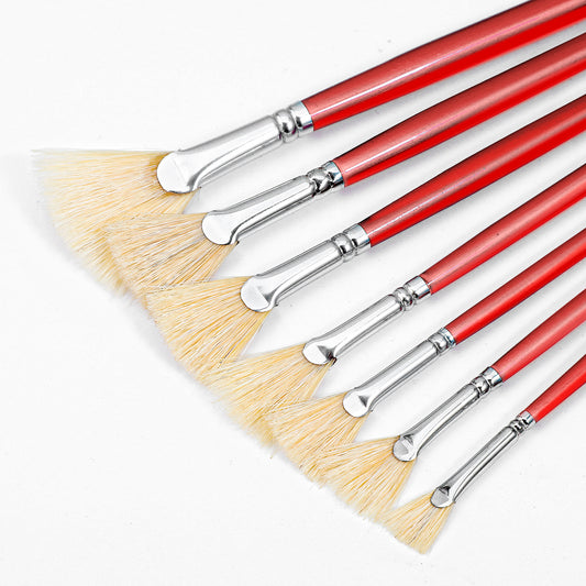 Oruola 7pcs Fan Brush, Fan Brushes for Acrylic Painting with Pig Bristle Natural Hair and Long Wood Handle, Fan Brushes for Acrylic Painting, Oil Watercolor Painting, Rock Painting