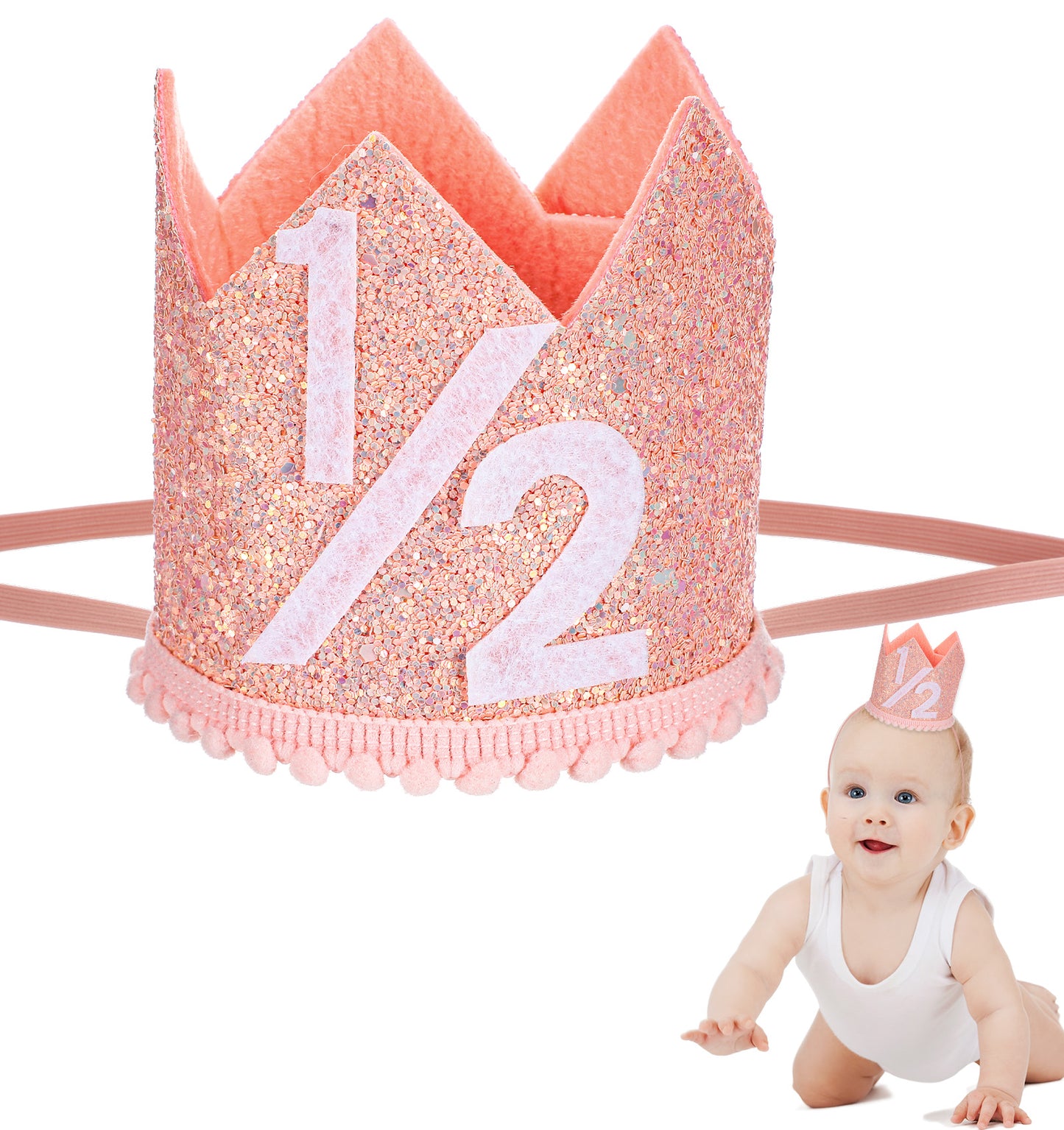 ValueBargain Half Birthday Hat, Adjustable 1/2 Birthday hat for 6 Months Birthdays, Soft Leather Photo Props for Half Year Celebration, Party (Pink & Rose Gold, 11 Inch)