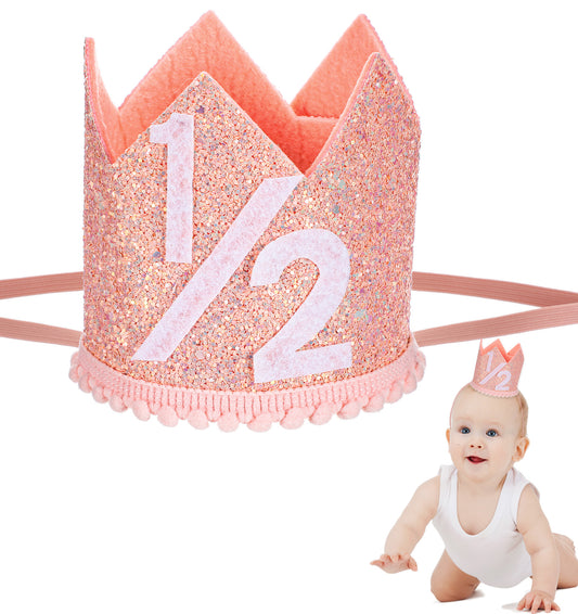 ValueBargain Half Birthday Hat, Adjustable 1/2 Birthday hat for 6 Months Birthdays, Soft Leather Photo Props for Half Year Celebration, Party (Pink & Rose Gold, 11 Inch)