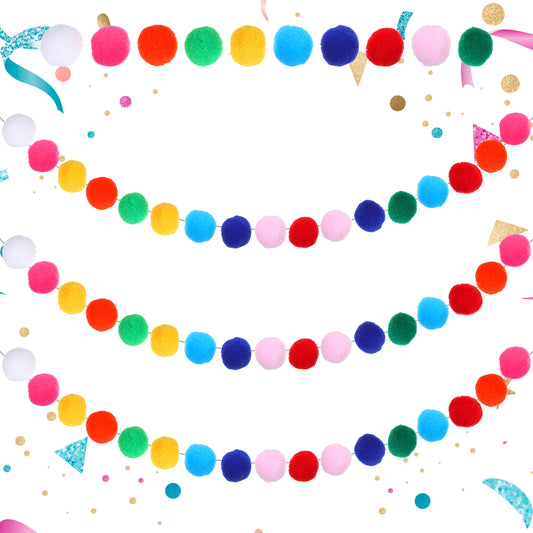 Oruola 3 Pcs Pom Pom Garland,Colored Pom Pom Bunting, 90 Balls Rainbow Felt Ball Christmas Garland for Colorful Nursery Decor,Xmas Tree Classroom Birthday Party Wall Decor