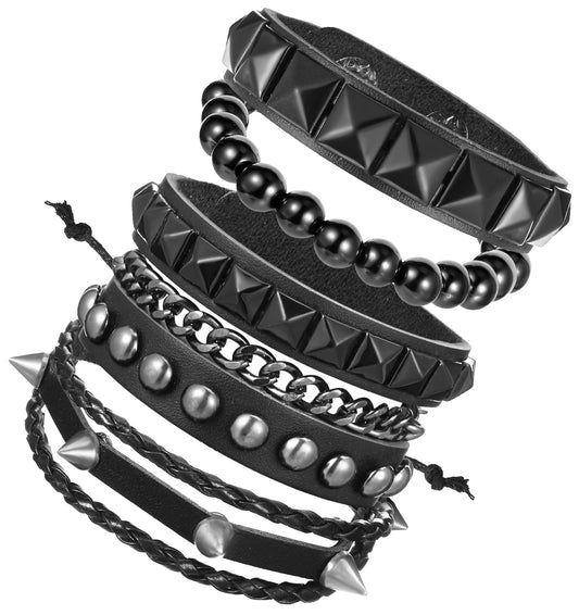 ValueBargain 4 Pcs Studded Bracelet Punk Rock Leather Cuff Set with Studs, Adjustable Wristbands for Men & Women