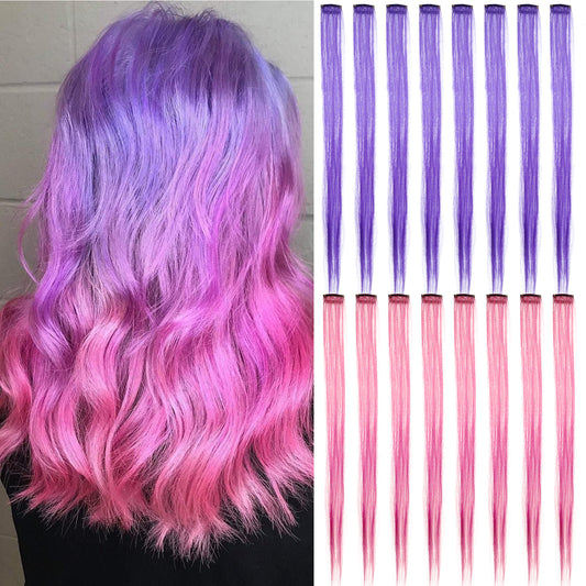 Oruola 16pcs Coloured Hair Extensions Clip In Hair Extension for Kids and Women,22 Inch Purple Hair Extensions,Highlighted Colourful Straight Synthetic Hairpieces for Party and Daily Use