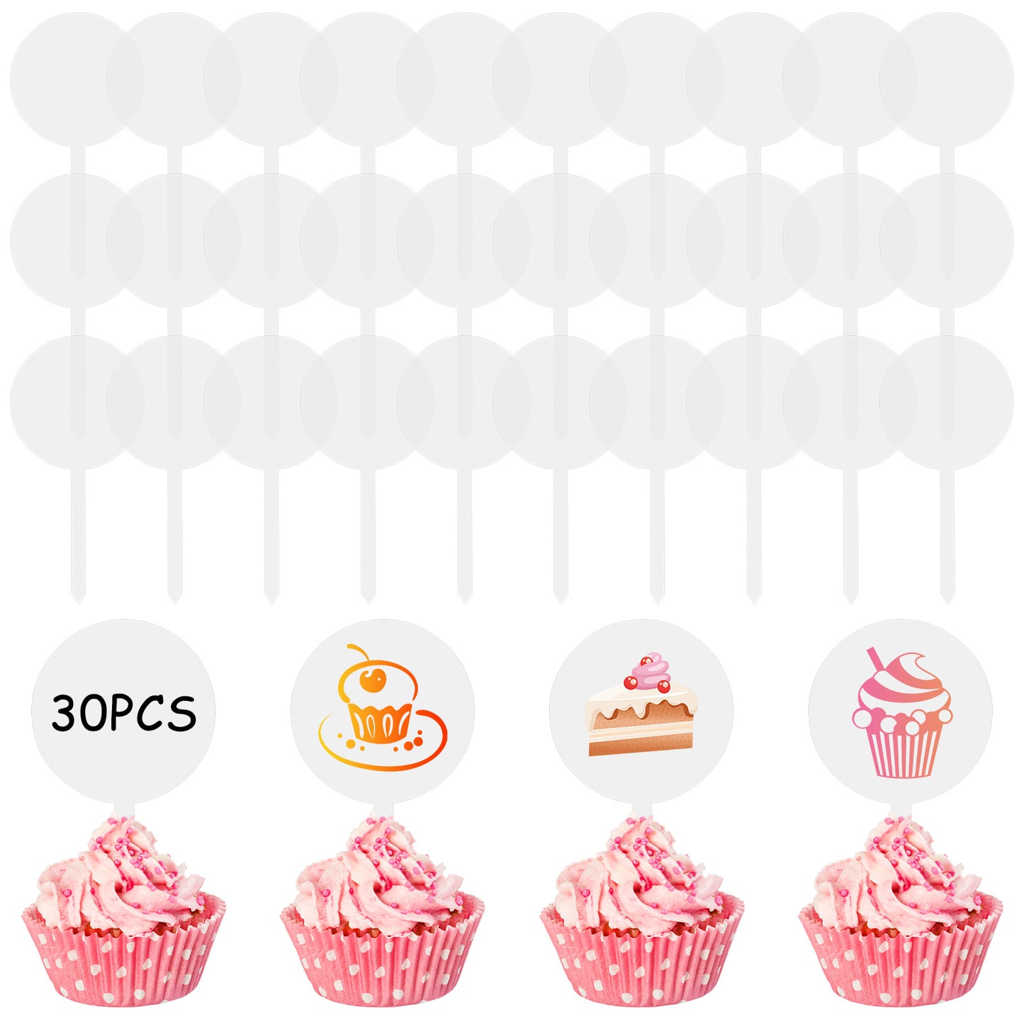 Guduling 30pcs Acrylic Cake Topper, Clear Blank Cupcake Toppers with Sticks, Cake Topper Personalised, Diy Acrylic Blanks for Birthday, Wedding, Baby Shower Decoration