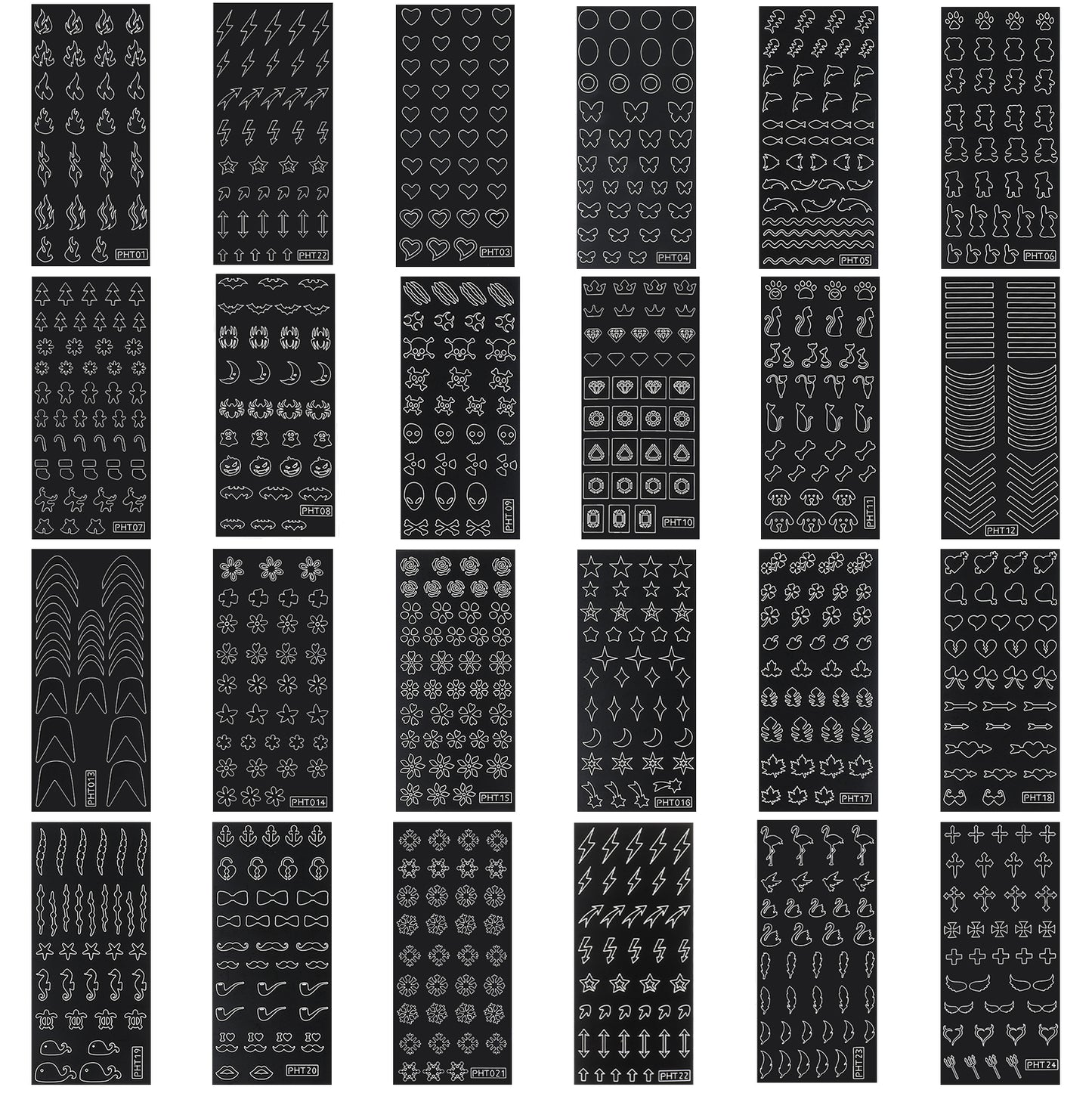 Oruola 24 Nail Stencils, Black Nail Stencils for Nail Asrt, Heart Star Flower Butterfly Flame Nails Stencil Hollow French Design, Nail Art DIY Hand-Painted Stickers for Art Decoration