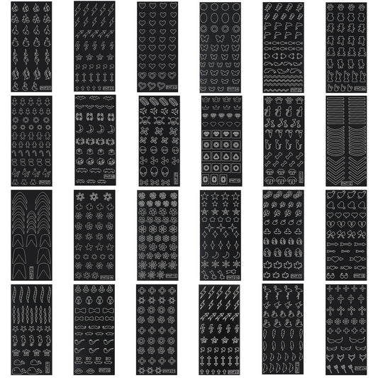 Oruola 24 Nail Stencils, Black Nail Stencils for Nail Asrt, Heart Star Flower Butterfly Flame Nails Stencil Hollow French Design, Nail Art DIY Hand-Painted Stickers for Art Decoration