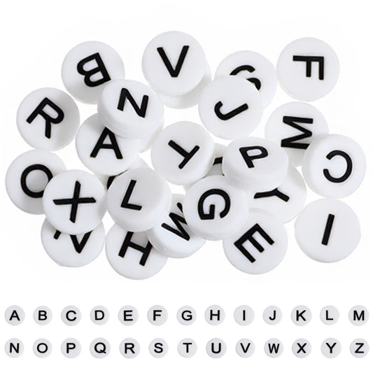 Classicseali 52PCS Silicone Letter Beads, 15mm Round Letters Beads for Keychains, A-Z Silicon Bead, for Bracelets, Keychains, Necklaces and Lanyards (Black Letter on White Background)