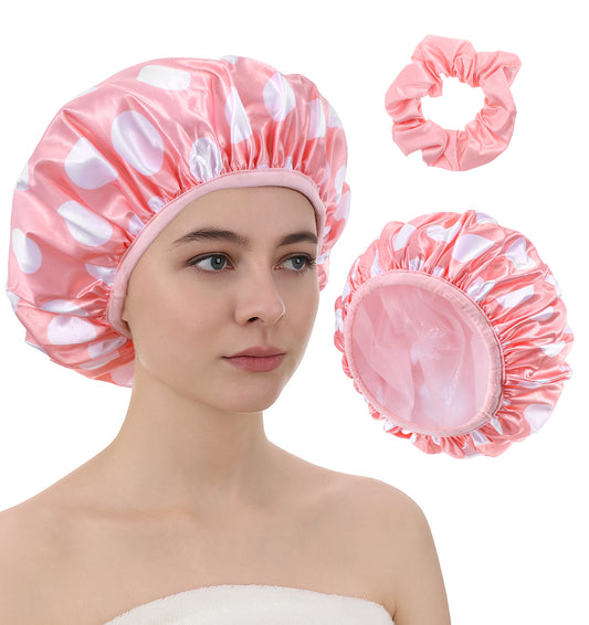 Shower Cap for Women, Cute Pink Large Waterproof Shower Cap Reusable & Adjustable Design Protects Hair in Bath Spa Cooking Travel (One Size)