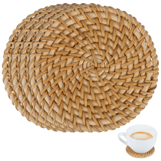 Classicseali 4pcs Rattan Coasters, 4 In Natural Woven Coasters, Round Boho Heat-resistant Drink Wicker Coaster for Coffee Table Housewarming Gifts Hot Drinking Home Decor Protecting Table