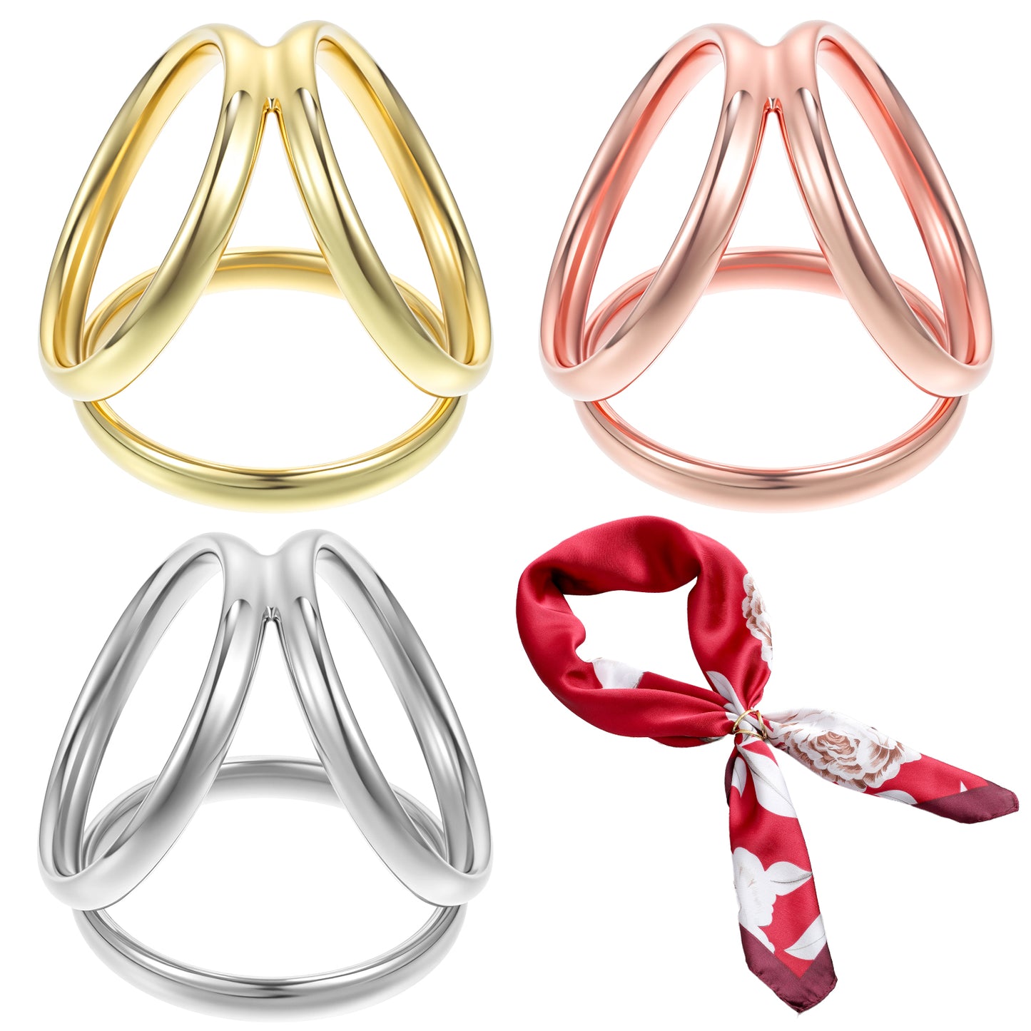 Guduling 3pcs Scarf Rings for Women, Scarf Ring, 3 Ring Design with Multiple Tying Methods, Suitable for Clothing, Scarves, Scarves, Gold, Silver, Rose Gold