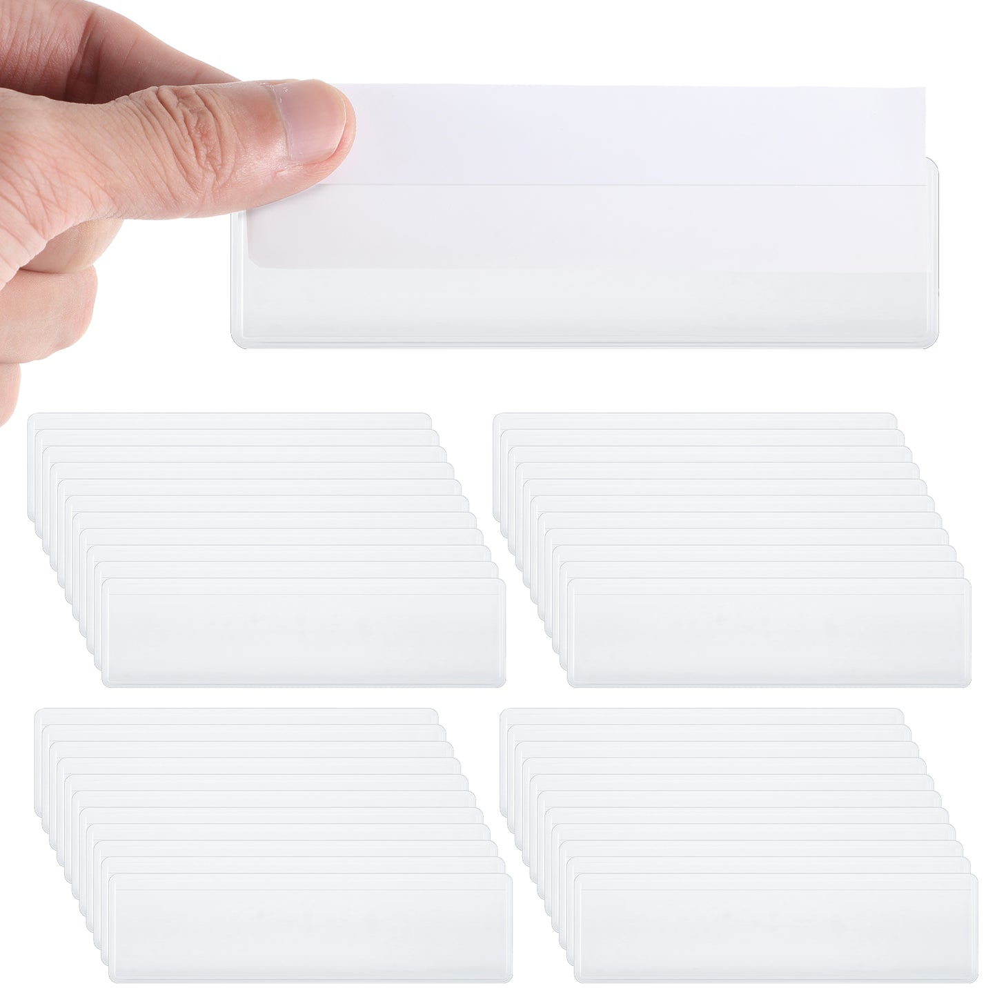 Oruola 50pcs Drawer Labels,Clear Adhesive Pockets,1.2 X 4.3 in Bin Labels,Storage Bin Labels,Self Adhesive Plastic Label Holder for Supermarket Bookshelf Library Shelves Storage Business Kitchen