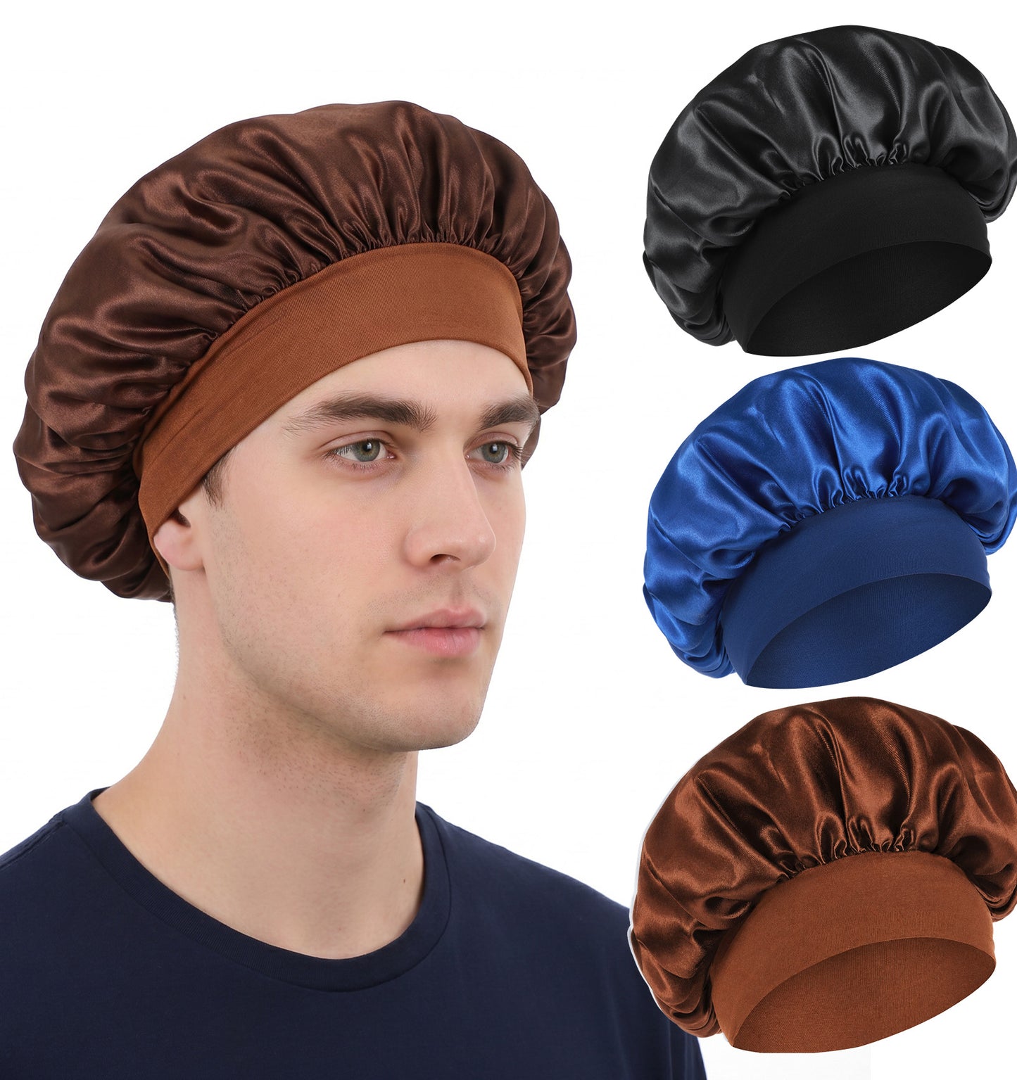 3 Pack Bonnet for Men, Silk Bonnet Men Satin Elastic Band