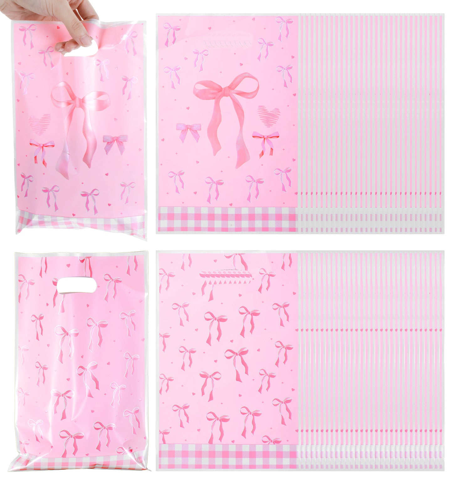 Bow Party Favor Bags, 60 Pcs Pink Bow Plastic Gift Bags, Butterfly Goodie Bag for Party Favors, Candy, Birthday, Wedding & Bridal Event Decorations