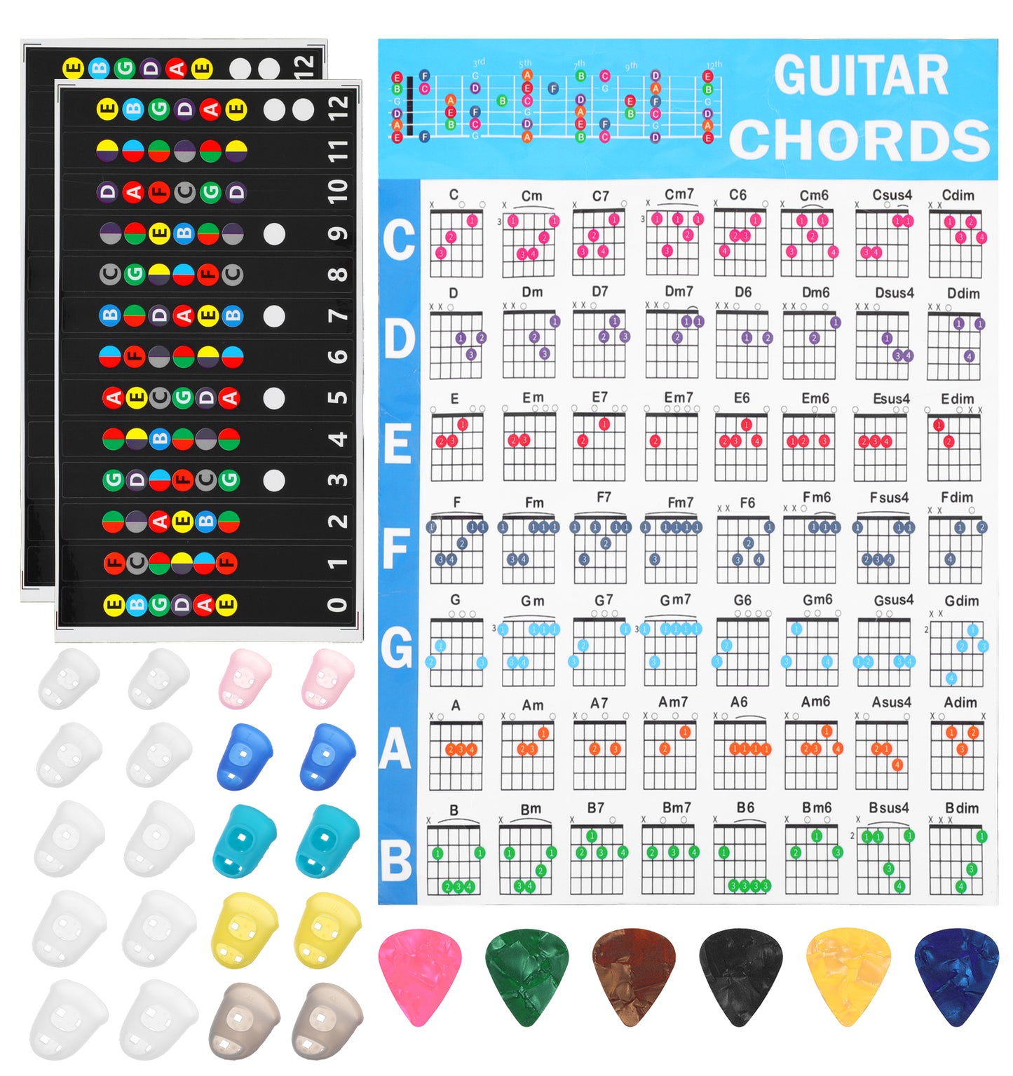 20 Pcs Guitar Finger Protectors - Guitar Fretboard Stickers, 5 Pcs Guitars Picks, Anti-slip Silicone Finger Protection Covers Caps, Guitars Tools for Learner Practice