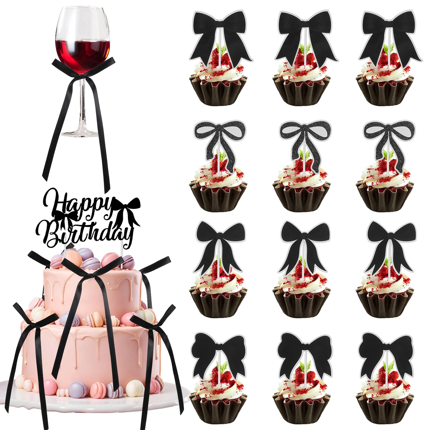 Classicseali 19pcs Black Bows for Cake, Cake Bows for Decorating, with Happy Birthday Sign, Bow for Cakes,Themed Parties, Baby Showers, Weddings, Black