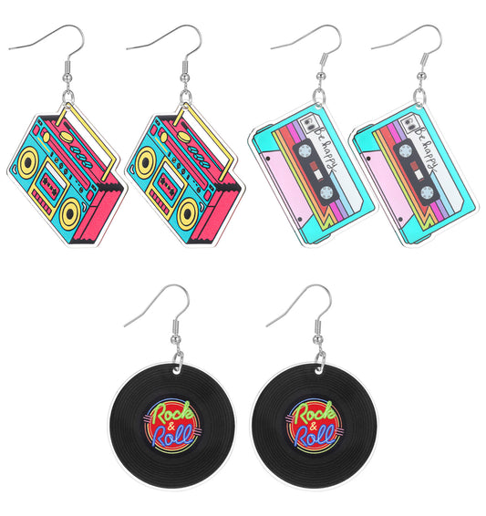80s Earrings for Women, 3PCS Retro Cassette Tape Lightweight Drop Design for Music Festivals Cosplay Glow Parties and 80s 90s Costume Outfits