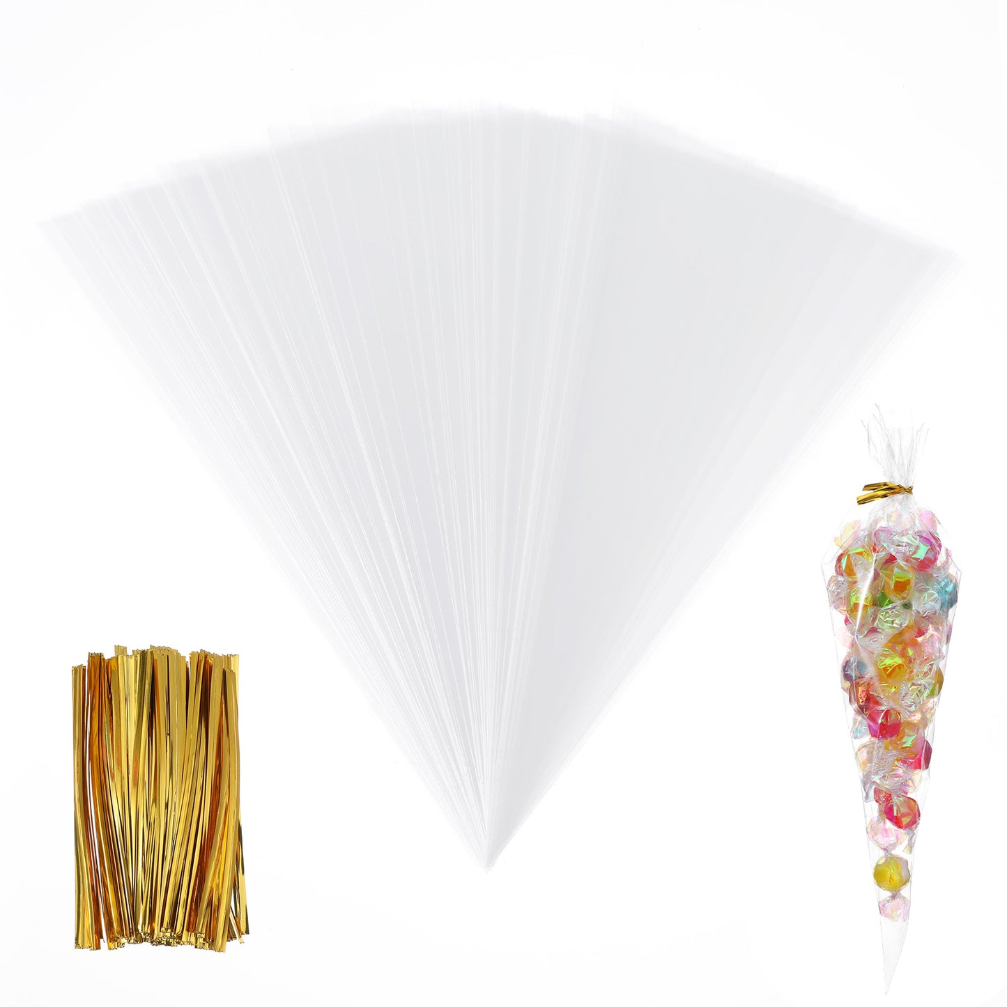 Guduling 100 Pcs Sweet Cones Bags,Clear Treat Bags for Sweets,16 X 25 CM Party Cones Bag Ideal for Popcorn,Candy, and Party Favors - Perfect for Birthdays,Weddings,Baby Showers,and Holiday Celebration