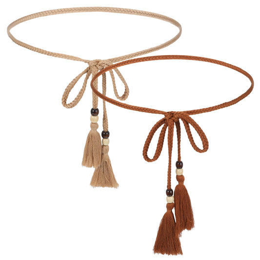 Classicseali 2PCS Rope Belt Women, Vintage Woven Macrame Belts for Women, with Tassels and Wooden Beads, Bohemian Belt, for Dresses, Overalls, Skirts, Shorts, Jumpsuits
