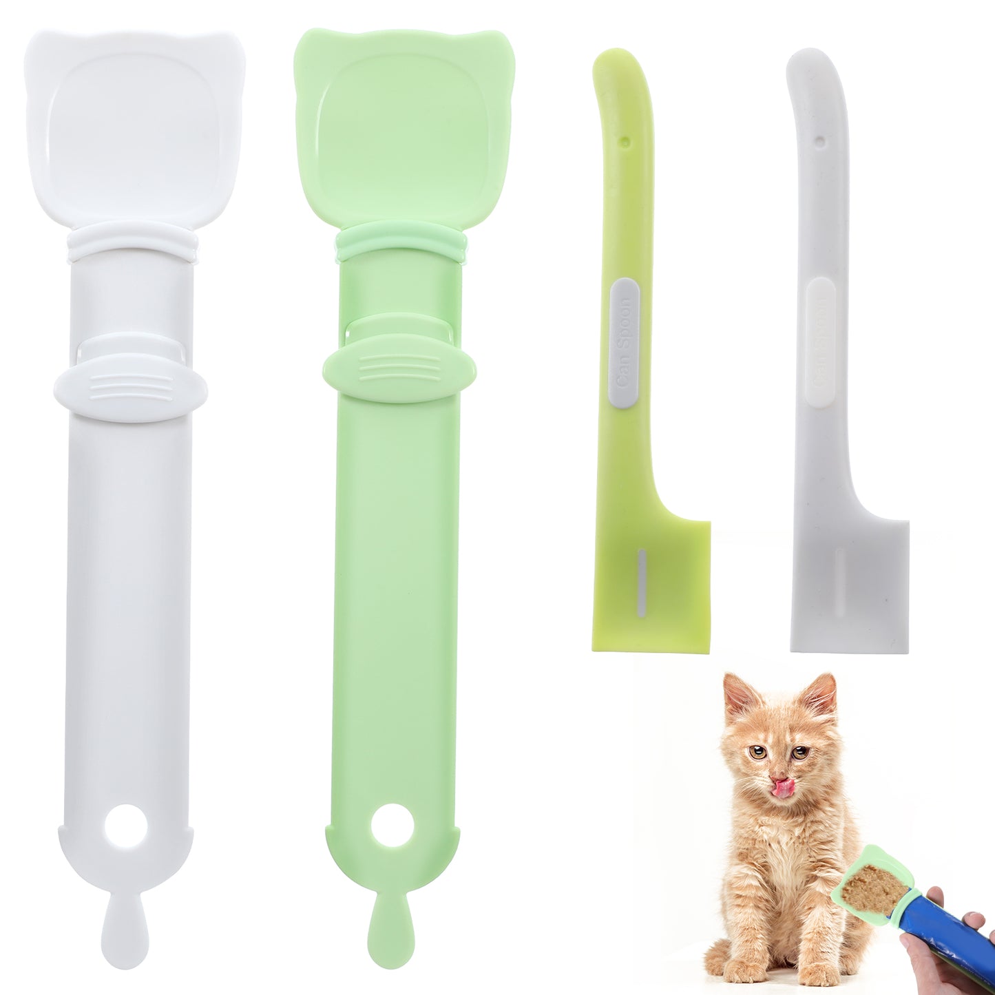 oruola 4pcs Cat Treat Spoon,Cat Treat Spoon Squeeze,Cat Food Spatula,Multifunctional Cat Food Spoon for Wet Food,Puree,Liquid Snack,Pet Feeding Supplies,2 Style (White, Green, Gray)