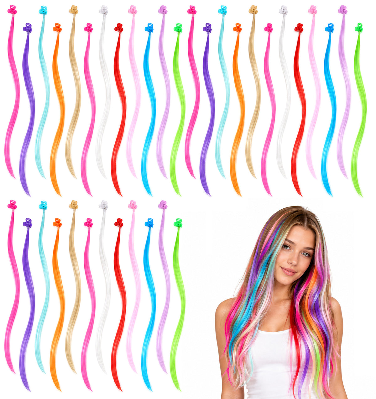 36PCS Coloured Hair Extensions, 30 cm Rainbow Hair Extensions for Girls