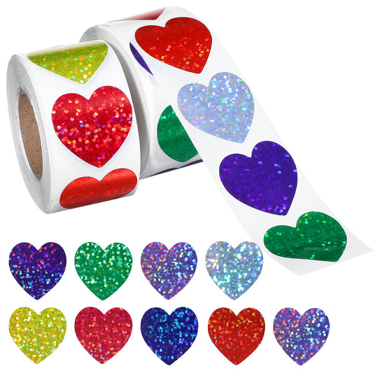 Classicseali 2Rolls Sparkly Stickers, Glitter Heart Stickers for Kids Reward, 1 Inch Self Adhesive Colorful Foil Love Stickers for Birthday Party Decoration, Valentine, Wedding, Classroom (1000pcs)