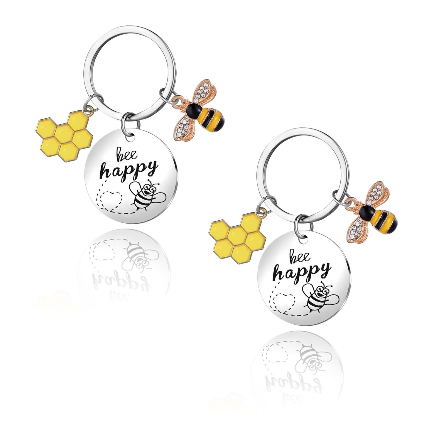 oruola 2pcs Bee Keychain,Bee Happy Keyring,Teacher Keychain for Women,Cute Charm Car Handbag Hanging for Daughter Christmas Colleague Friends Graduation Birthday Gift