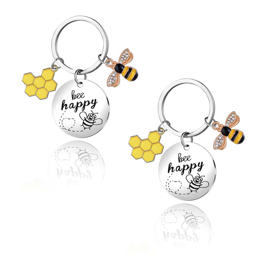oruola 2pcs Bee Keychain,Bee Happy Keyring,Teacher Keychain for Women,Cute Charm Car Handbag Hanging for Daughter Christmas Colleague Friends Graduation Birthday Gift