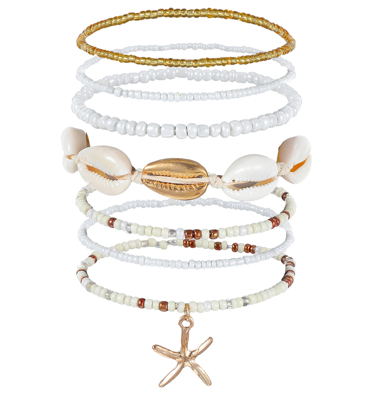 ValueBargain Sea Shell Bracelet Set for Women - Handmade Boho Layered Beaded Stretch Bracelets with Starfish Charms, Summer Beach Jewelry Gift (Adjustable Beach Accessories)