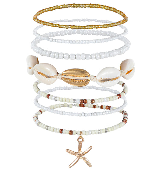 ValueBargain Sea Shell Bracelet Set for Women - Handmade Boho Layered Beaded Stretch Bracelets with Starfish Charms, Summer Beach Jewelry Gift (Adjustable Beach Accessories)
