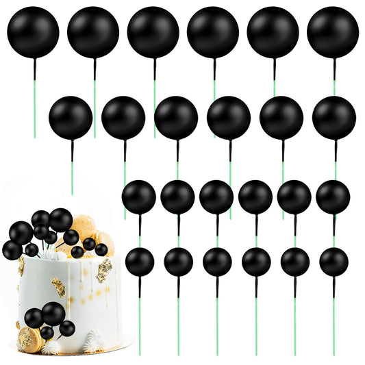Classicseali 24pcs Ball Cake Toppers, 4 Size Foam Cake Topper Balls, Cakes Balls, for DIY Decoration, Wedding, Baby Shower, Birthday Party, Anniversary, Graduation, Black