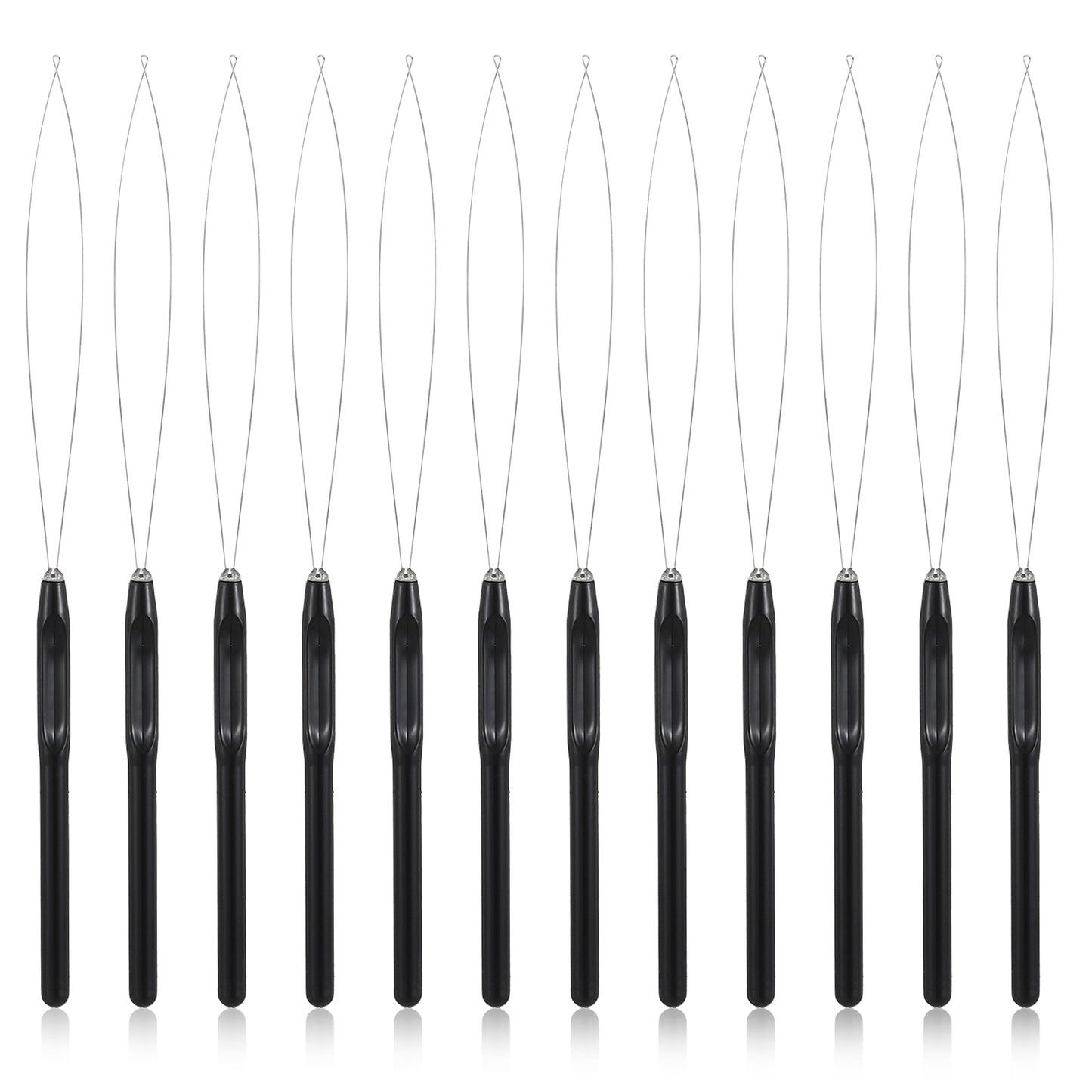 Guduling 12pcs Hair Extension Loop Threader, Hair Loop Pull Through Tool, Non Slip Handle Hairs Pull Through Tool, Topsy Tail Hairs Tools for Feather Extensions (Black)