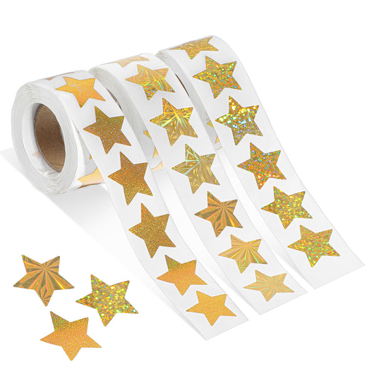 1500 Pcs Gold Star Stickers,3 Rolls Self-Adhesive Gold Stars,Large Star Stickers, Sparkly Incentive Sticker, Holographic Sticker for Crafts Wedding Favor Tag Labels and Classroom Teachers Supplies
