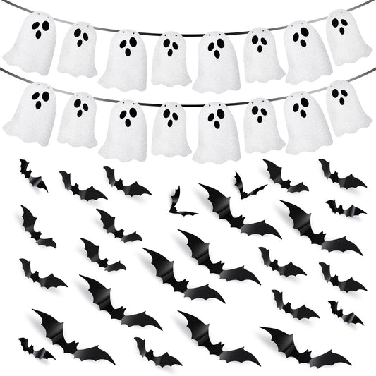 Oruola Halloween Banner Set,2 Pack Glittery Ghost Halloween Banner & 180 Scary Bats Wall Decals for Halloweens Decoration Haunted Houses Doorways Indoor Outdoor Mantel Wall Decor