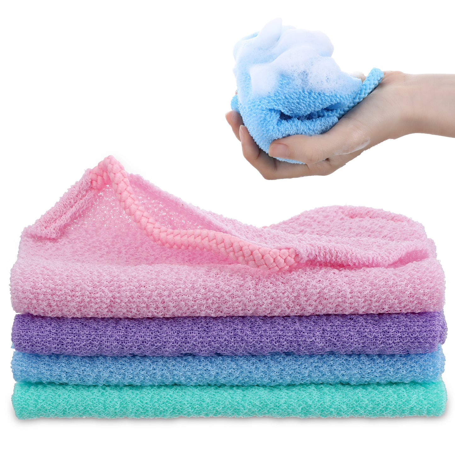 Classicseali 4pcs Exfoliating Towel, Shower Back Scrubber, Nylon Exfoliating Shower Towel to Deep Cleans Skin, Stretchable Pull Bath Cloth for Sensitive Rough Skin, 4 Color