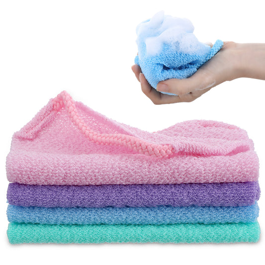 Classicseali 4pcs Exfoliating Towel, Shower Back Scrubber, Nylon Exfoliating Shower Towel to Deep Cleans Skin, Stretchable Pull Bath Cloth for Sensitive Rough Skin, 4 Color