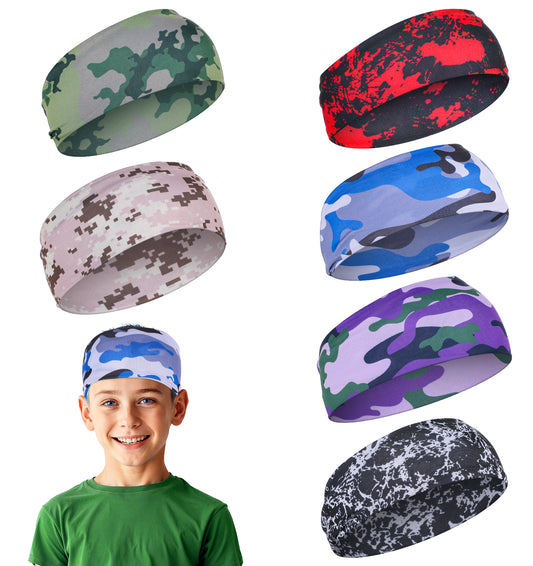 6 Pcs Elastic Sweatbands Sports Headbands for Kids, Boys, (6 Colors)