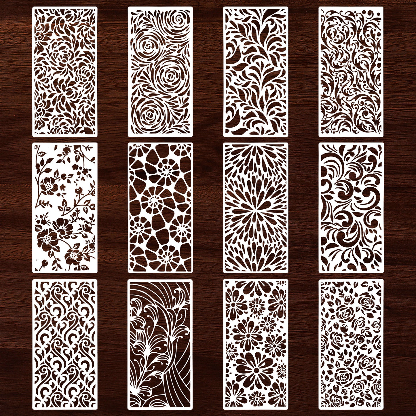 Oruola 12pcs Floral Stencil,Flower Stencils for Painting,Reusable Art Paint Stencil,Wood Grains Flower Texture Templates Spider Web Layering Spray Paint Stencils Kit on Wall Canvas Cake Card DIY