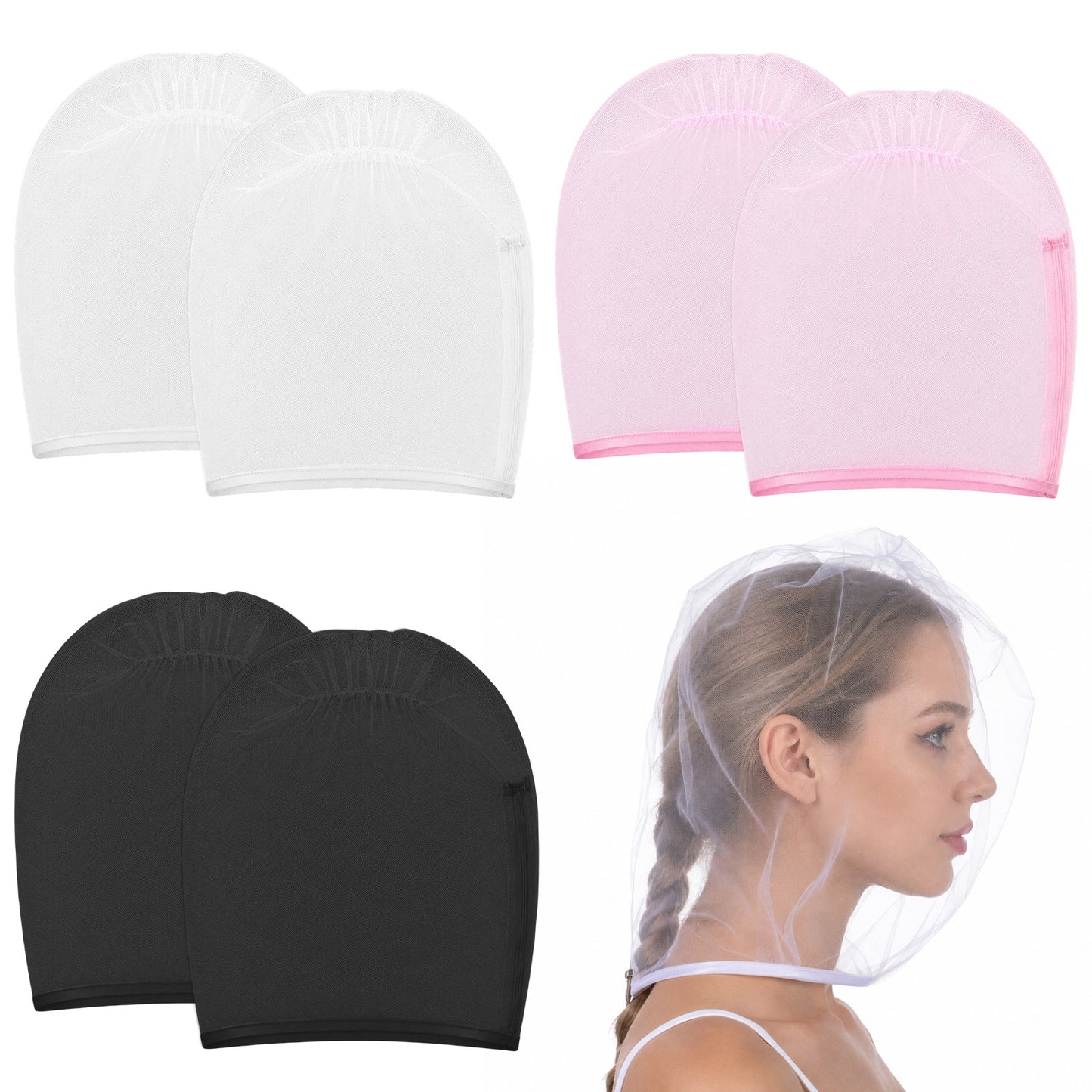 Elegaperma 6 Pcs Makeup Protector Hood, Polyester Makeup Face Cover for Clothes with Zipper Closure, Lightweight Chiffon Design Make up Hood for Women Beauty Weddings(White, Black, Pink)