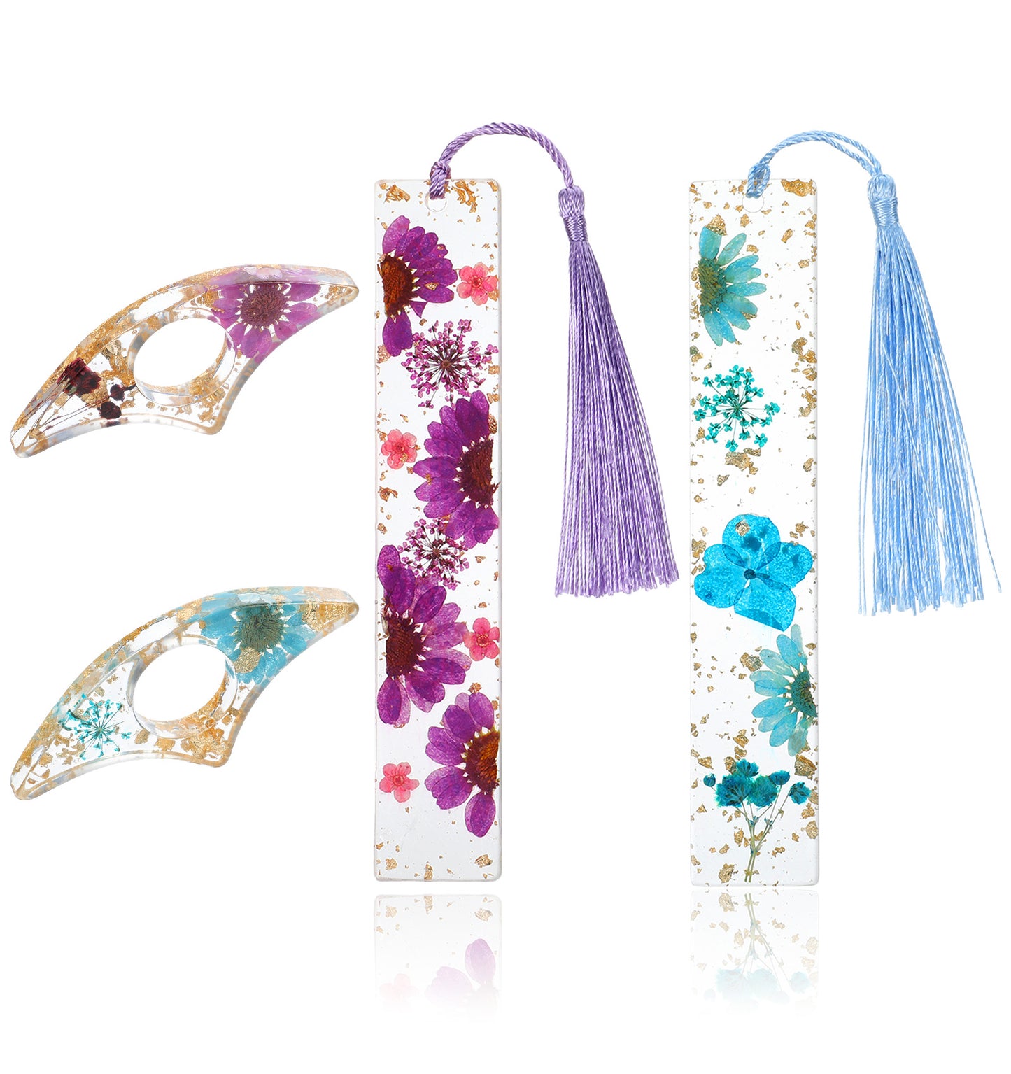 4PCS Thumb Book Page Holder, Acrylic Dried Flower Book Marks Women with Tassel, Transparent Resin Page Holder with Gold Sprinkles for Women Bookworm Readers (Lake Blue & Purple)