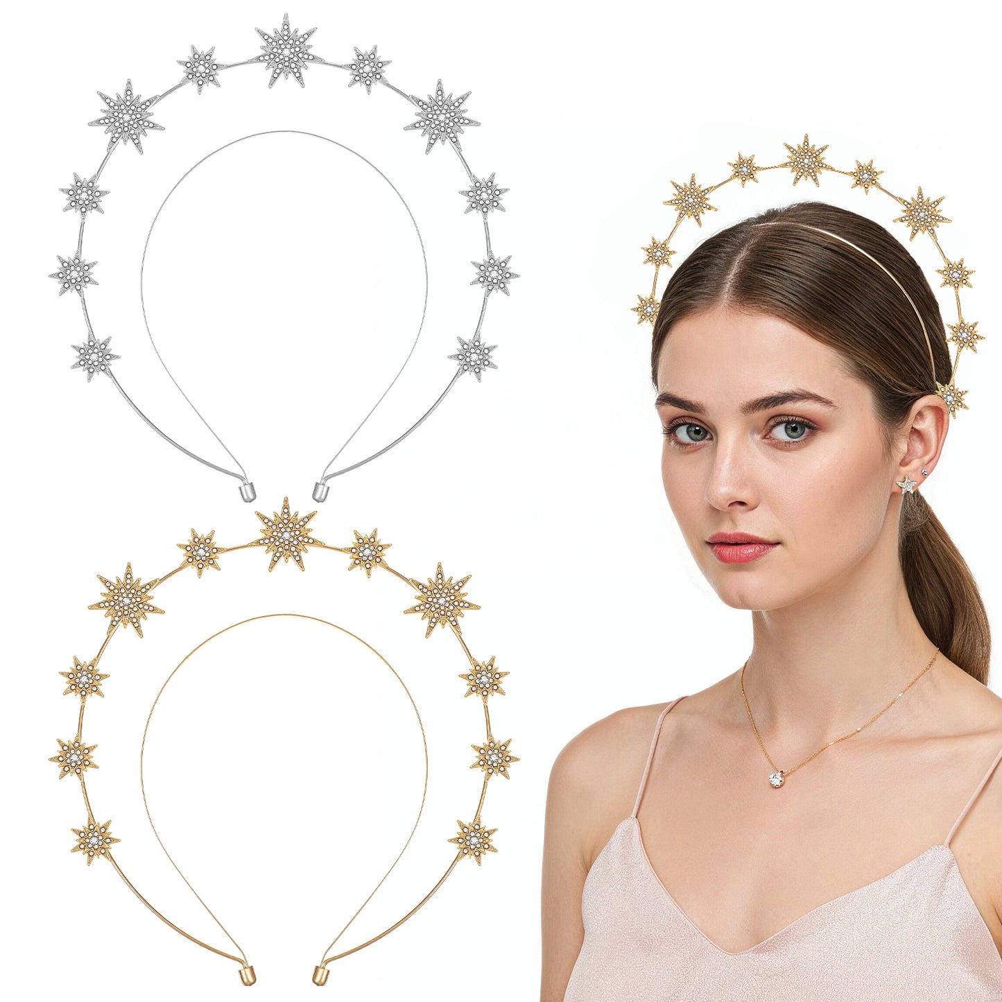 Guduling 2 Pcs Star Headband,Star Crown,2 Color Sun Crown,Glitter Bridal Hair Band Headpiece Accessories for Women Bridal Wedding Costume Cosplay Accessories(Gold,Silver)