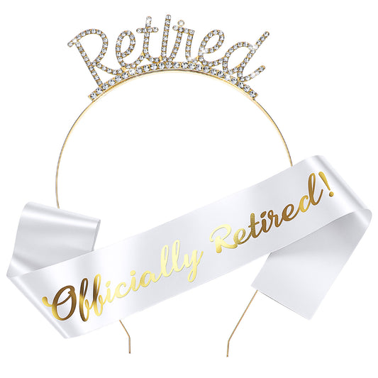 Classicseali 2pcs Retirement Sash, Retirement Sash for Women, with Rhinestone Retirements Crown Tiara, Classic Retirements Decorations for Women, White