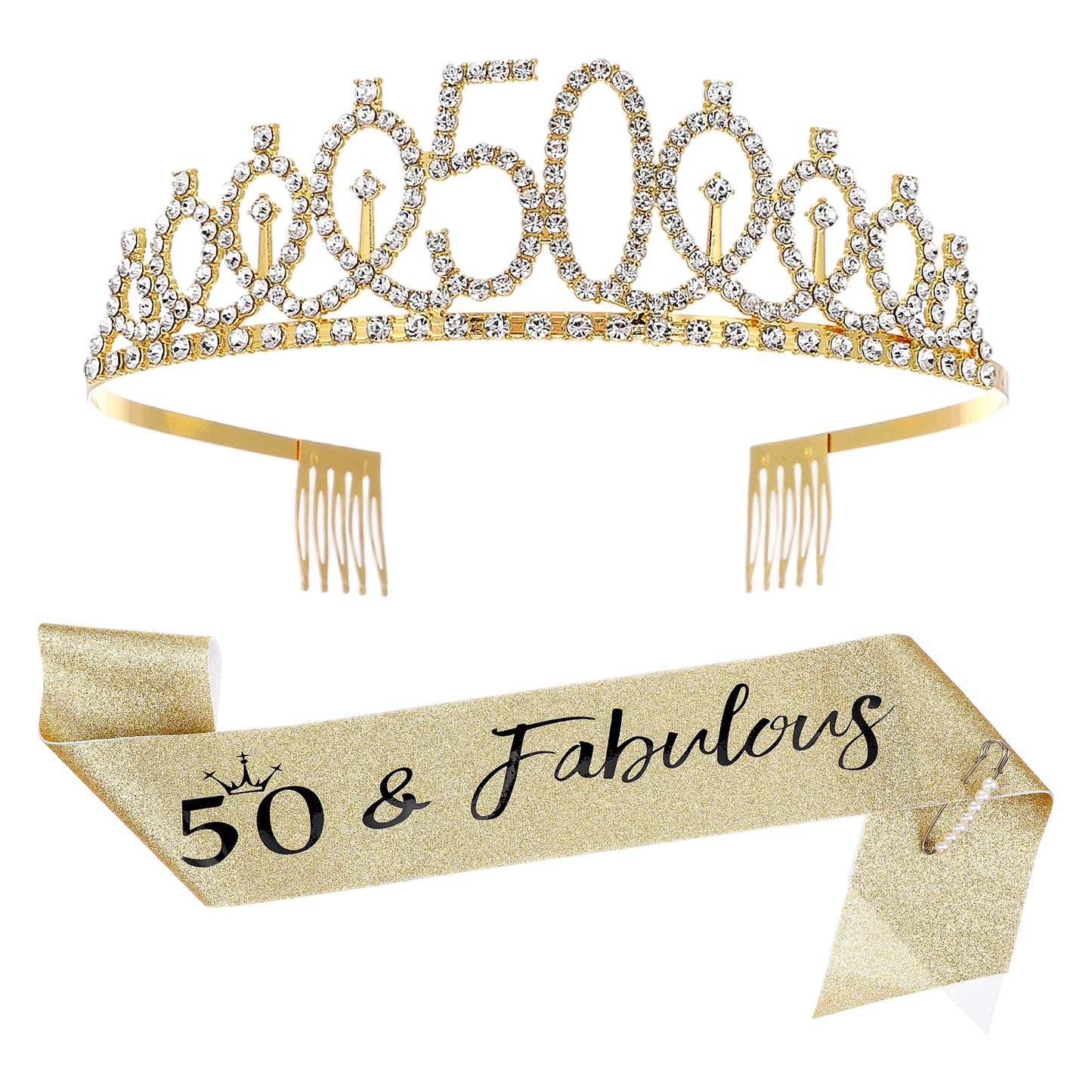 Guduling 50th Birthday Sash for Women, Gold Elegant 50th Birthday Sash & Tiara for Women, Rhinestone Headband With Comb Perfect Birth Day Shining Tiara for Women
