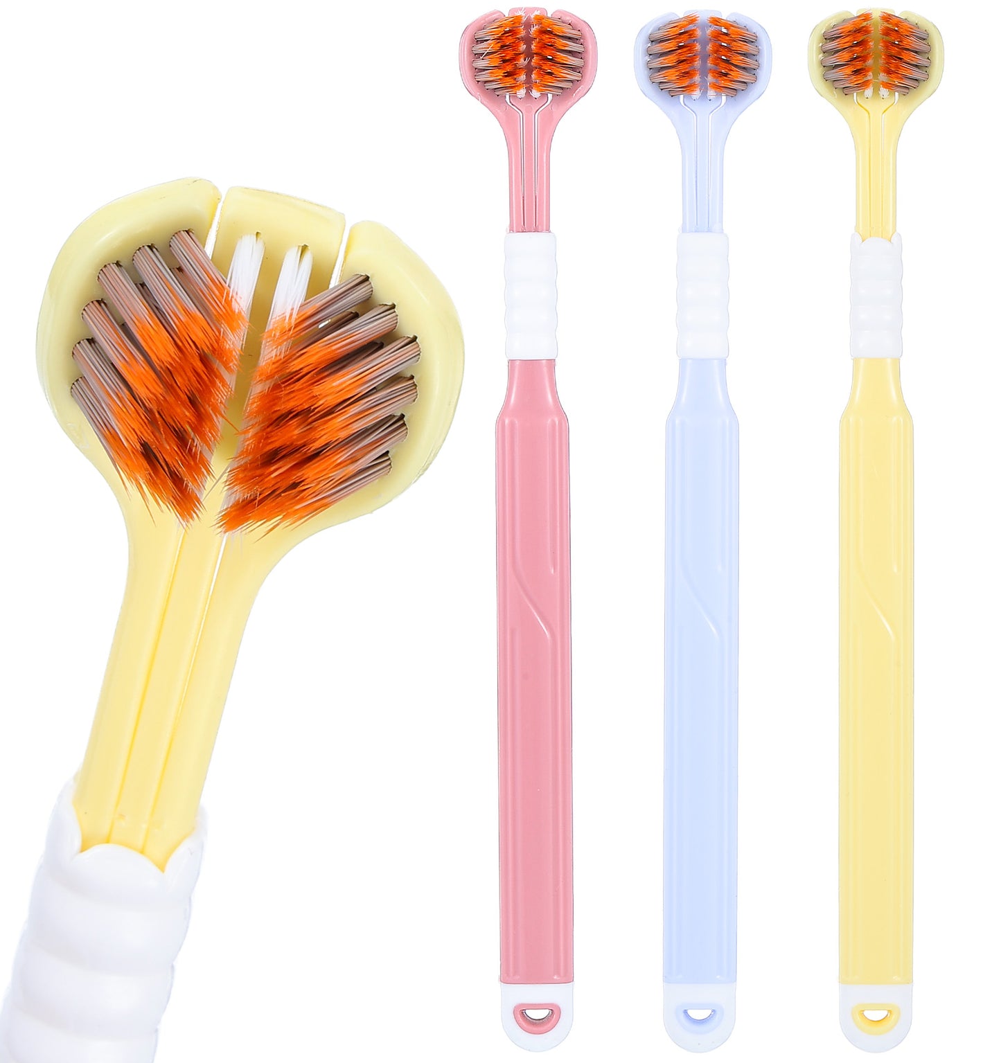3-Pack 3 Sided Toothbrush, Autism Toothbrush for Multi-Angle Cleaning, Comfortable Grip with Special Needs (Red, Yellow, Blue)