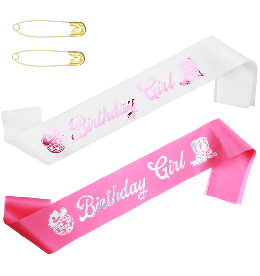 2Pcs Birthday Girl Sash, Happy Birthday Sash Hot Pink Disco Cowgirl, Western Cow Theme Party Decorations, Retro Horse Favors for Rodeo & Bachelorette Parties