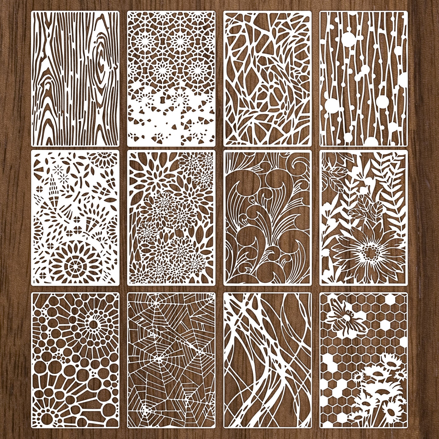 Oruola 12pcs Stencils for Crafts Reusable,Floral Stencils for Painting,Wood Grains Flower Texture Templates Spider Web Layering Spray Paint Stencil Kit on Wall Canvas Cake Card DIY