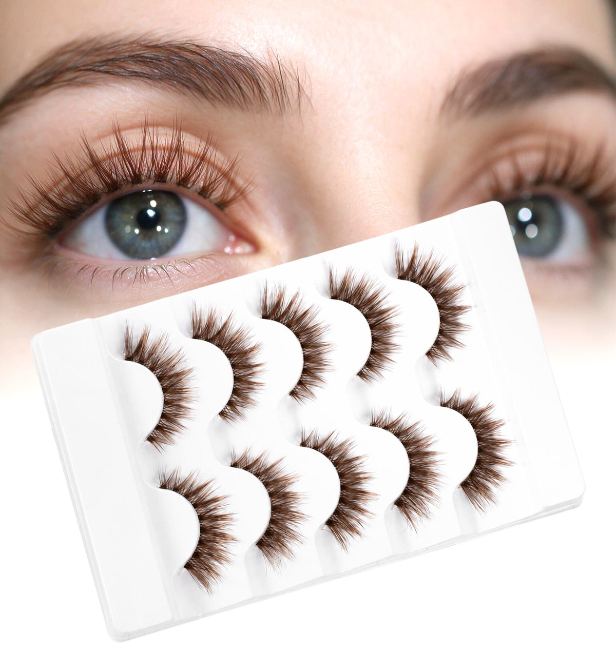Brown Eyelashes, 5 Pairs Wispy Cat Eye Brown Lashes Strips, 7-13mm