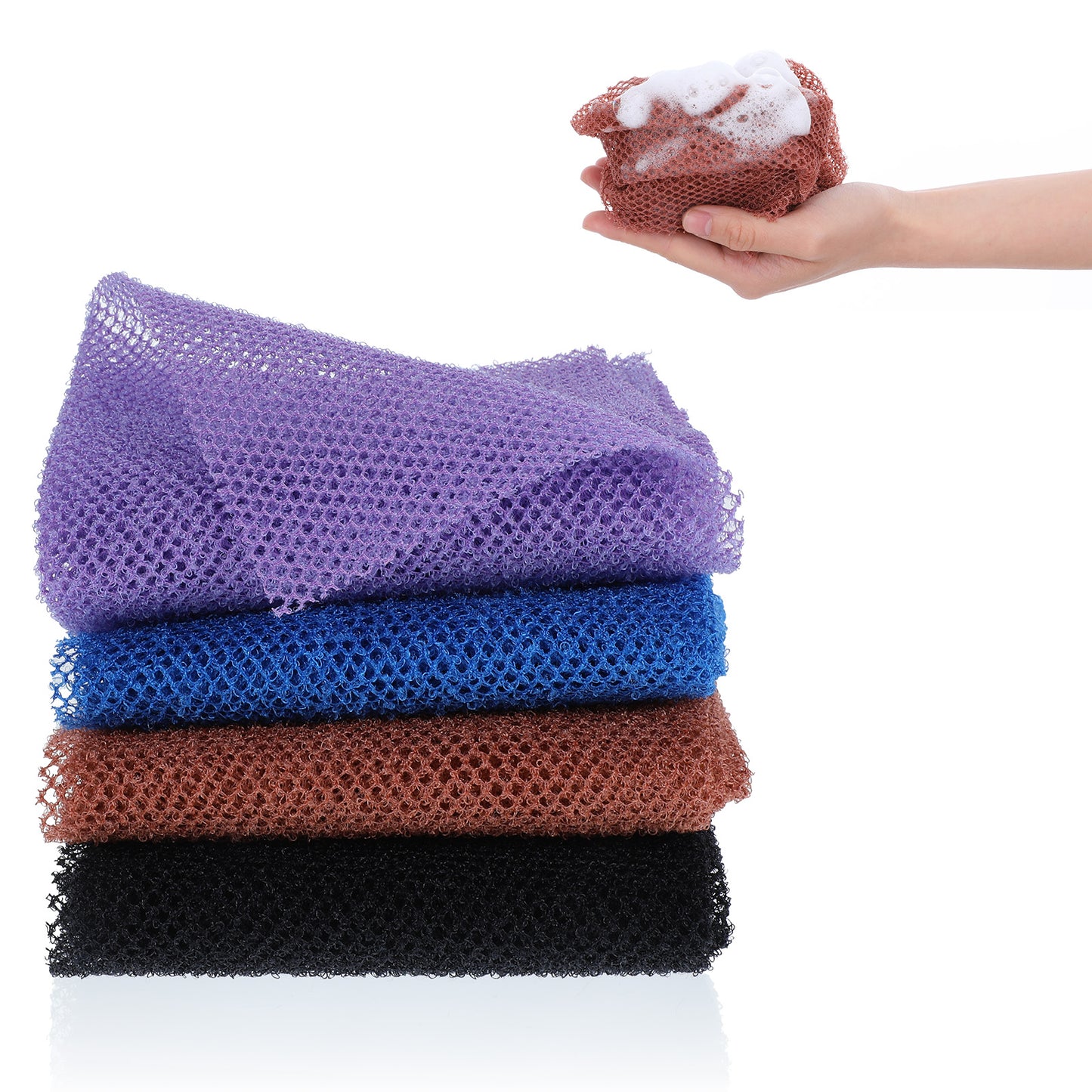 Classicseali 4pcs African Sponge, 4 Colors African Wash Cloth, Durable Africans Exfoliating Net, Suitable for Men and Women to Wash All Parts of the Body,Black, Blue, Purple, Brown