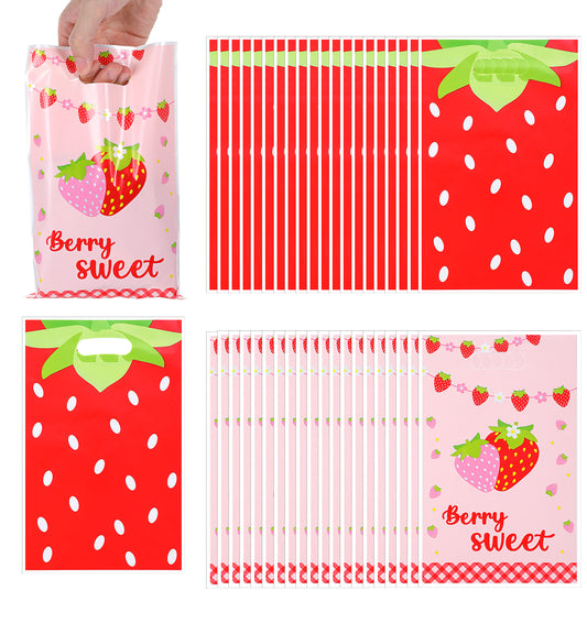 50Pcs Strawberry Party Bags, Plastic Strawberry Gift Bag with Handles for Birthday, Wedding, Baby Shower
