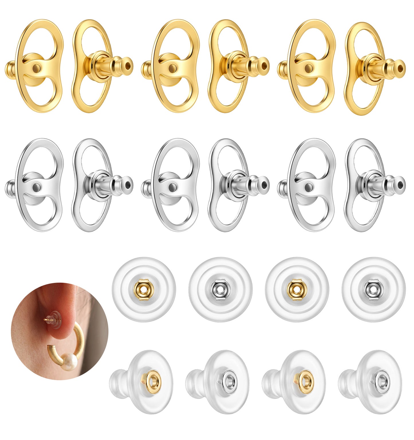 Thrymme 20 Pcs Earring Backs for Droopy Ears, Heavy Earrings Support Backs, Secure Earring Lifters Back to Hide Stretched Earlobes Holes, Skin Friendly (Gold & Silver&Clear)