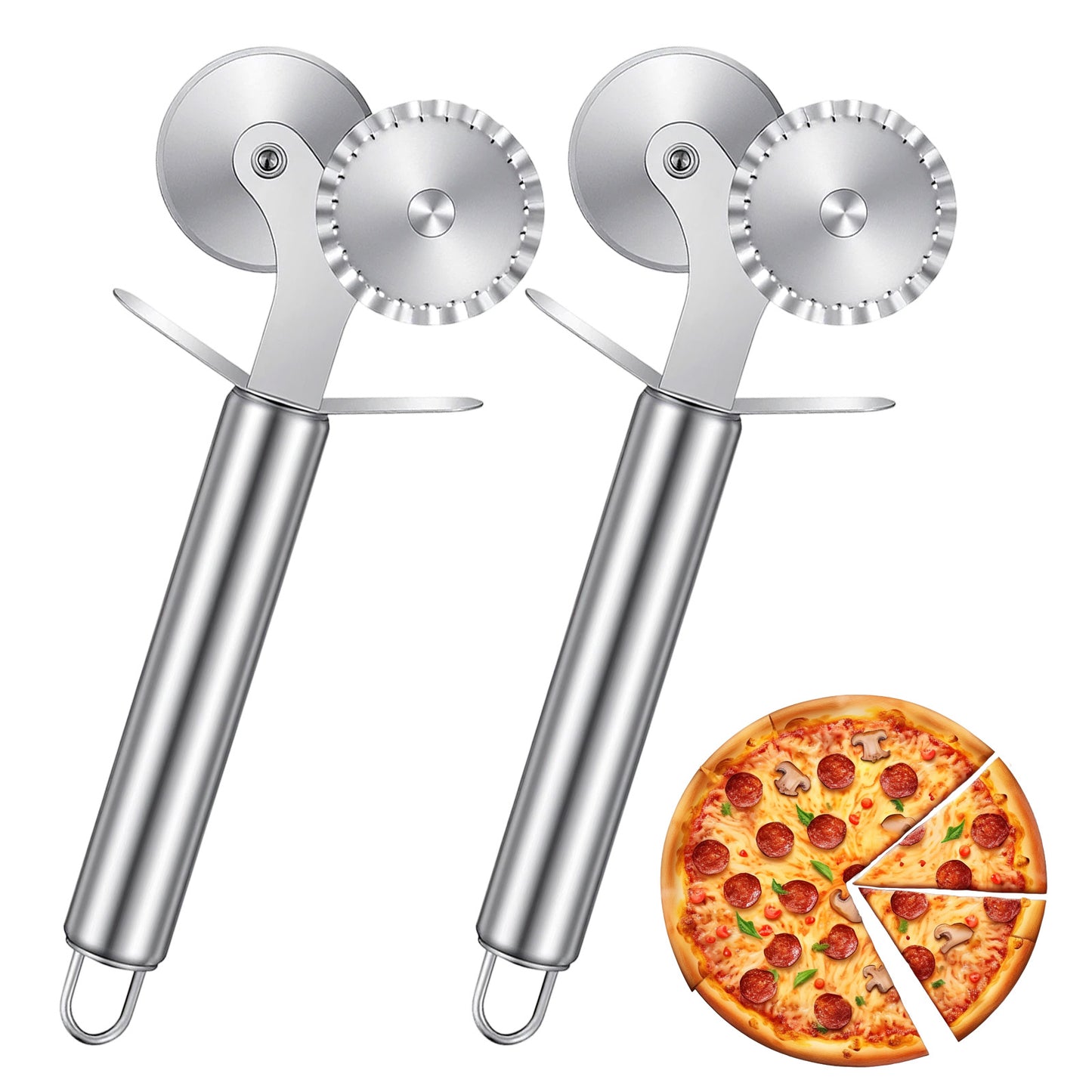 Elegaperma 2Pcs Pizza Cutter Wheel, Pasta Cutter Double-Headed Stainless Steel Tool, Versatile Pasta Cutter Wheel with Rolling Design for Kitchen Baking and Dough Preparation