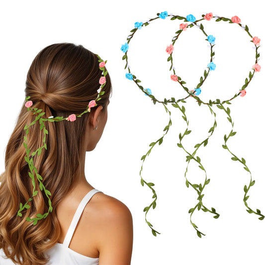 Oruola 2 Pack Flower Crown Headband,Floral Wreath Boho Headpiece for Women and Girls,Festival Flower Crown Headband with Dry Cloth Paper Flowers,Wedding Festival Hair Accessories,Blue and Pink